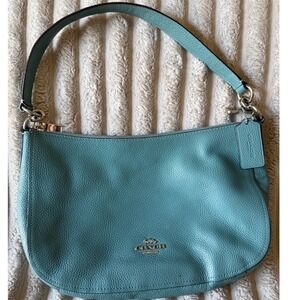 Coach Pebbled Leather Shoulder Bag Teal Blue Hobo 56819 Silver Hardware